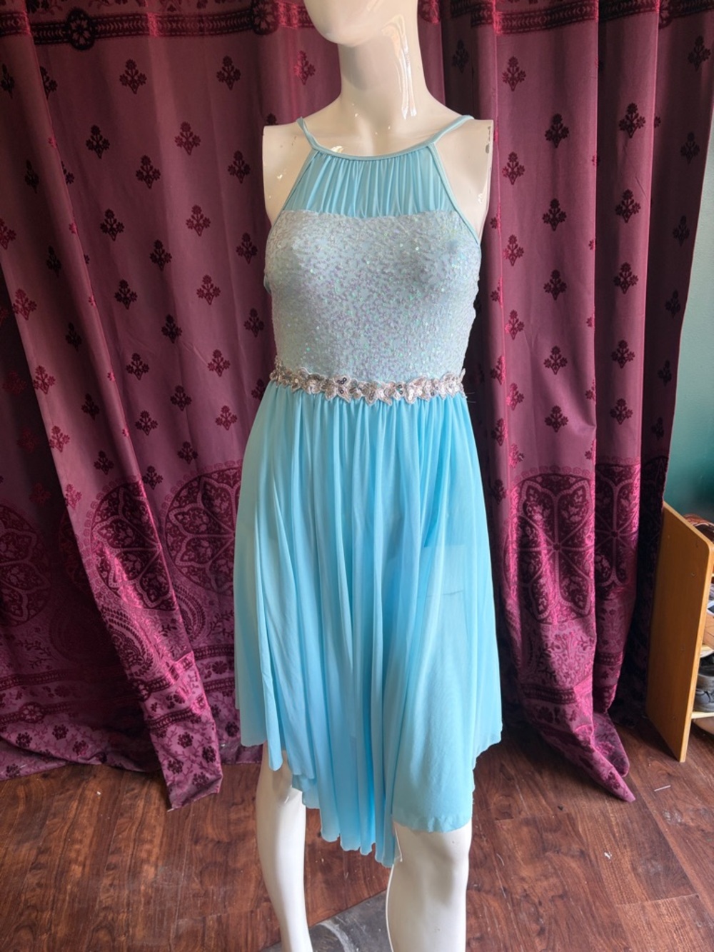 Layla's Dance Costume Aqua Blue Embellished Sequin Halter Chiffon Costume SA